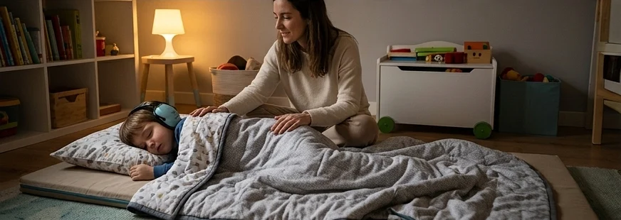 Niño con cascos antirruido y una manta con peso durante una sesión de regulación sensorial en casa