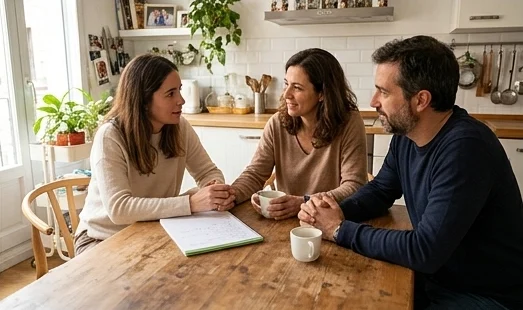 Terapeuta hablando con una madre y un padre en el salón de su casa