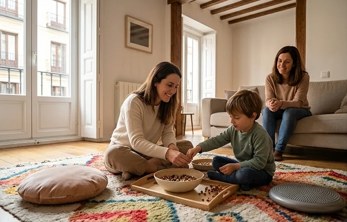 Terapeuta ocupacional en una sesión de integración sensorial en casa con materiales de juego
