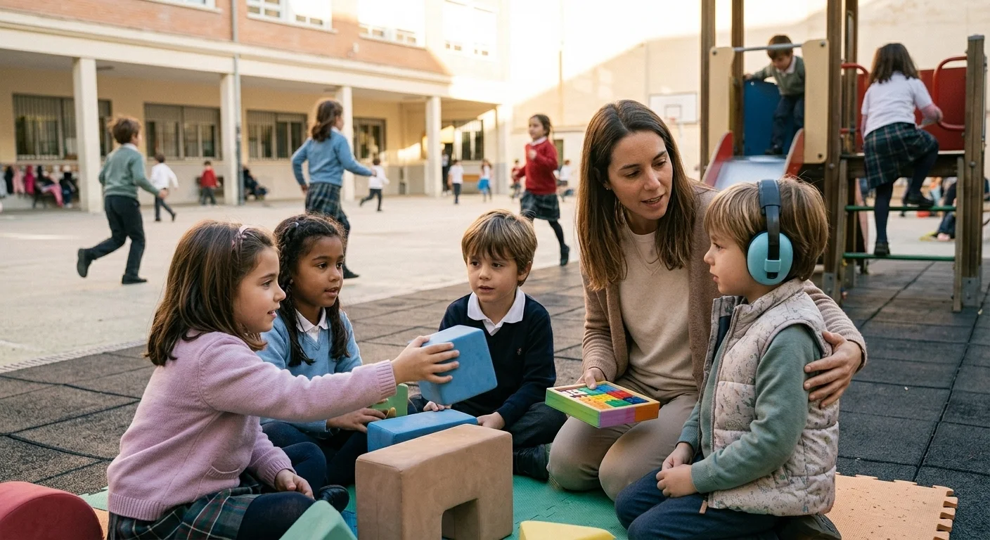 Terapeuta en el patio del colegio acompañando a un niño con cascos antirruido mientras juega con sus compañeros