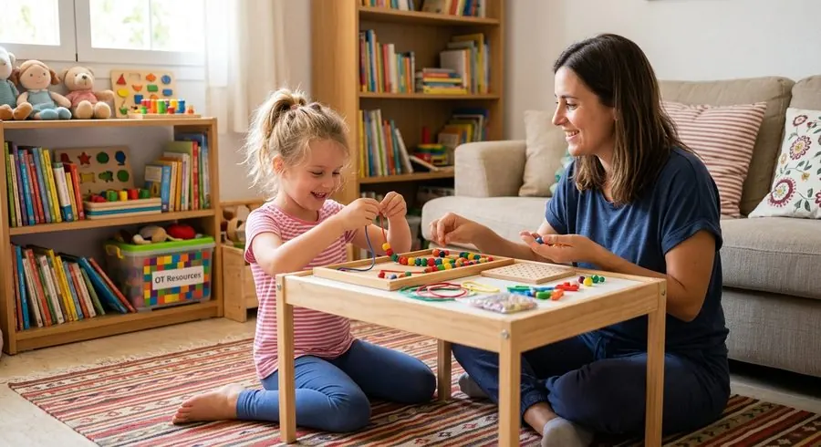 Terapeuta ocupacional trabajando con una niña en el salón de su casa, en una sesión de terapia infantil a domicilio en Madrid