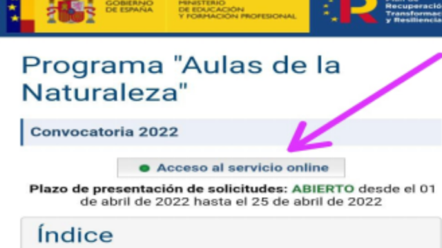 captura de pantalla del sitio web del Ministerio de Educación para participar en el programa Aulas de la Naturaleza